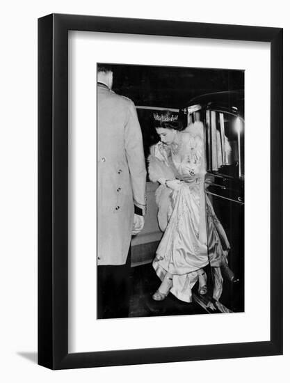 Princess Elizabeth (Queen Elizabeth II) arrives at royal event in ivory satin and furs-Associated Newspapers-Framed Photo