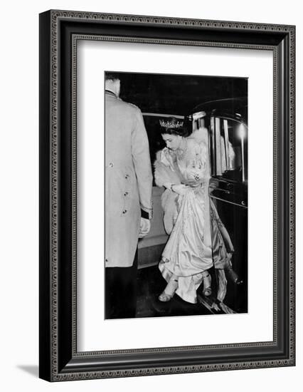Princess Elizabeth (Queen Elizabeth II) arrives at royal event in ivory satin and furs-Associated Newspapers-Framed Photo