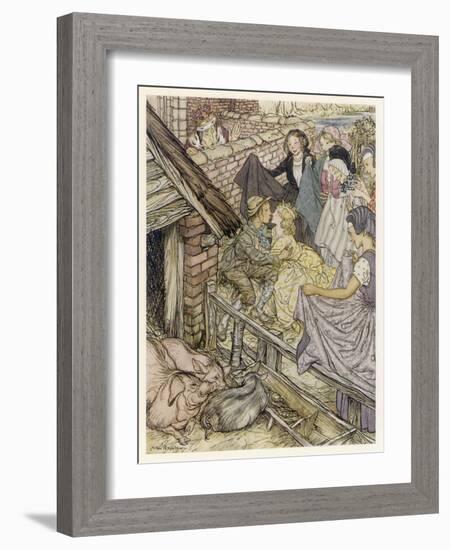 Princess, Swineherd Kiss-Arthur Rackham-Framed Art Print