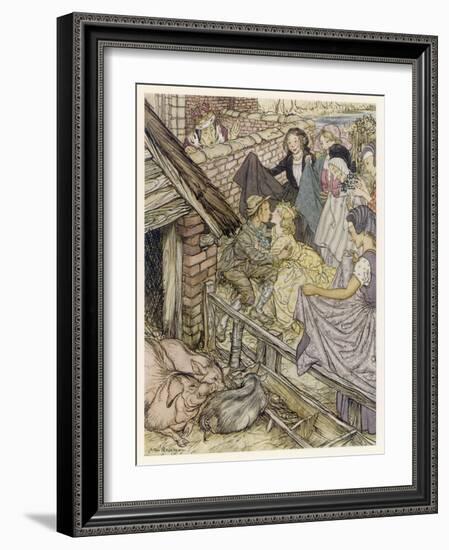 Princess, Swineherd Kiss-Arthur Rackham-Framed Art Print