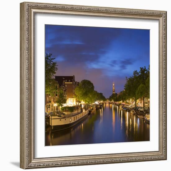 Prinsengracht canal and Westerkerk at dusk, Amsterdam, Netherlands-Ian Trower-Framed Photographic Print