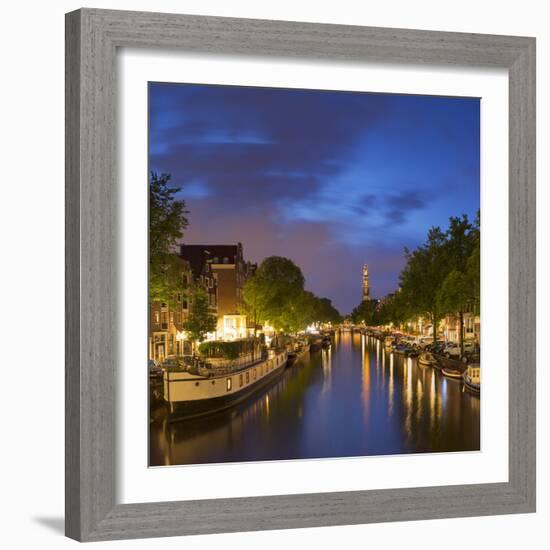 Prinsengracht canal and Westerkerk at dusk, Amsterdam, Netherlands-Ian Trower-Framed Photographic Print