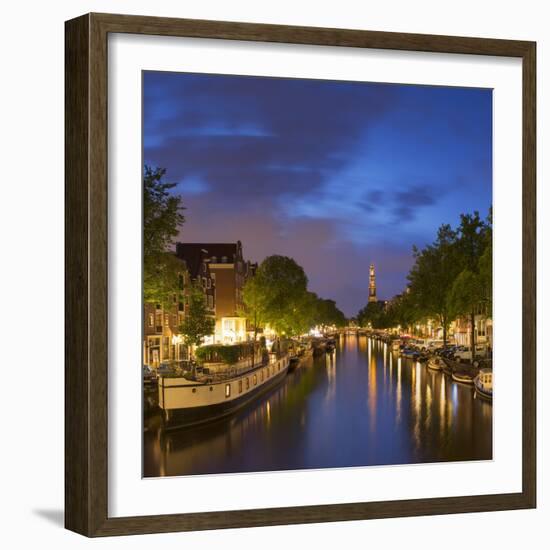 Prinsengracht canal and Westerkerk at dusk, Amsterdam, Netherlands-Ian Trower-Framed Photographic Print