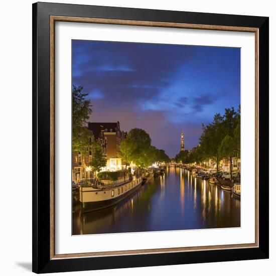 Prinsengracht canal and Westerkerk at dusk, Amsterdam, Netherlands-Ian Trower-Framed Photographic Print