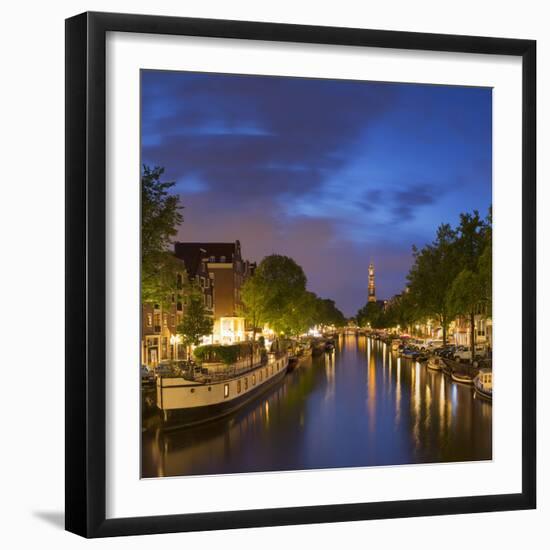 Prinsengracht canal and Westerkerk at dusk, Amsterdam, Netherlands-Ian Trower-Framed Photographic Print