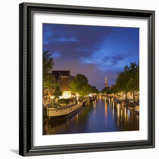 Prinsengracht canal and Westerkerk at dusk, Amsterdam, Netherlands-Ian Trower-Framed Photographic Print