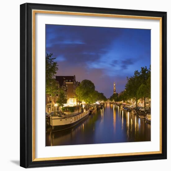 Prinsengracht canal and Westerkerk at dusk, Amsterdam, Netherlands-Ian Trower-Framed Photographic Print