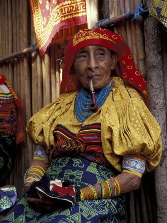 Old Woman With Pipe In Hand Stitched Molas Kuna Indian