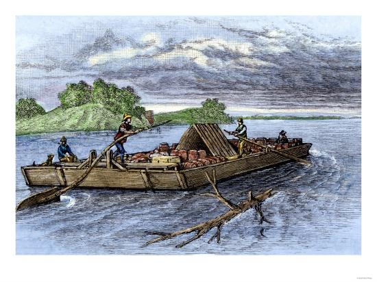 Flatboat Hauling Cargo Down the Mississippi River, Early 1800s Giclee ...