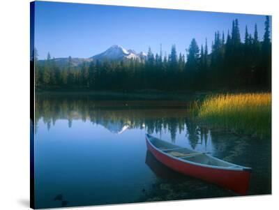 Canoe in Sparks Lake, Broken Top Mountain in Background, Cascade