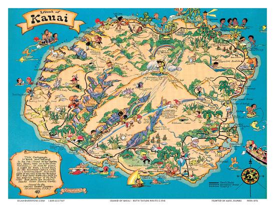 Hawaiian Island Of Kauai Map Hawaii Tourist Bureau Art
