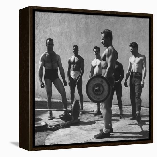 Prisoners at San Quentin Weightlifting in Prison Yard During Recreation Period-Charles E^ Steinheimer-Framed Premier Image Canvas