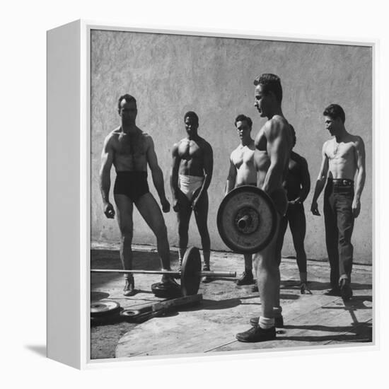 Prisoners at San Quentin Weightlifting in Prison Yard During Recreation Period-Charles E^ Steinheimer-Framed Premier Image Canvas