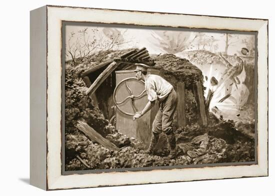 Private Torrance Pumping Air into a Mine under Heavy Fire (Litho)-Alfred Pearse-Framed Premier Image Canvas