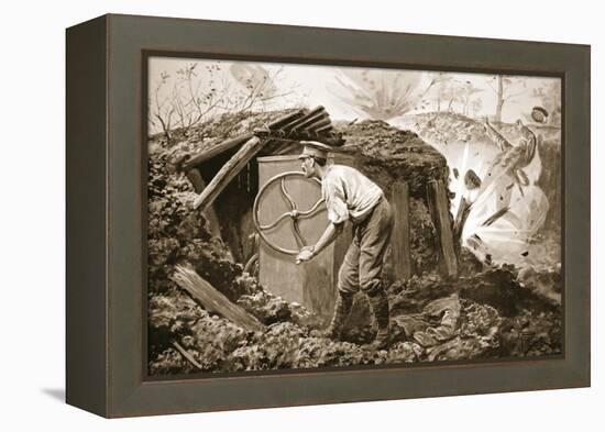 Private Torrance Pumping Air into a Mine under Heavy Fire (Litho)-Alfred Pearse-Framed Premier Image Canvas