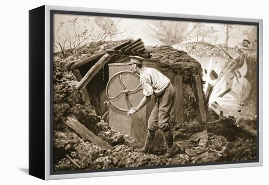 Private Torrance Pumping Air into a Mine under Heavy Fire (Litho)-Alfred Pearse-Framed Premier Image Canvas