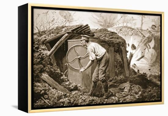 Private Torrance Pumping Air into a Mine under Heavy Fire (Litho)-Alfred Pearse-Framed Premier Image Canvas