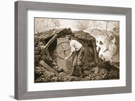 Private Torrance Pumping Air into a Mine under Heavy Fire (Litho)-Alfred Pearse-Framed Giclee Print