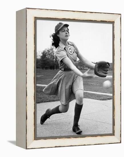 Pro Baseball Pitcher For Rockford Peaches, Caroline Morris, Demonstrating Her Underhanded Delivery-Wallace Kirkland-Framed Premier Image Canvas