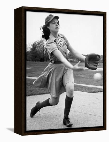 Pro Baseball Pitcher For Rockford Peaches, Caroline Morris, Demonstrating Her Underhanded Delivery-Wallace Kirkland-Framed Premier Image Canvas