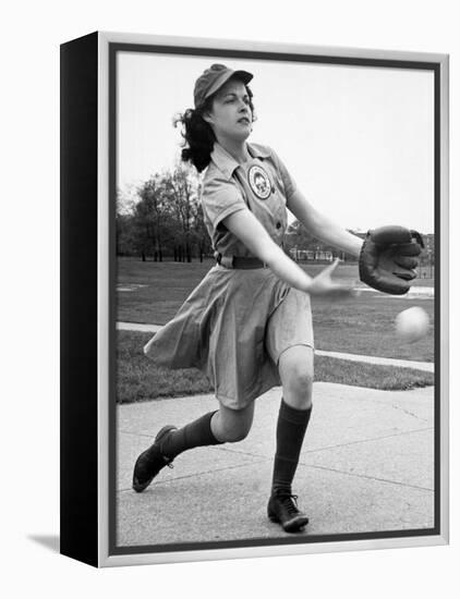 Pro Baseball Pitcher For Rockford Peaches, Caroline Morris, Demonstrating Her Underhanded Delivery-Wallace Kirkland-Framed Premier Image Canvas