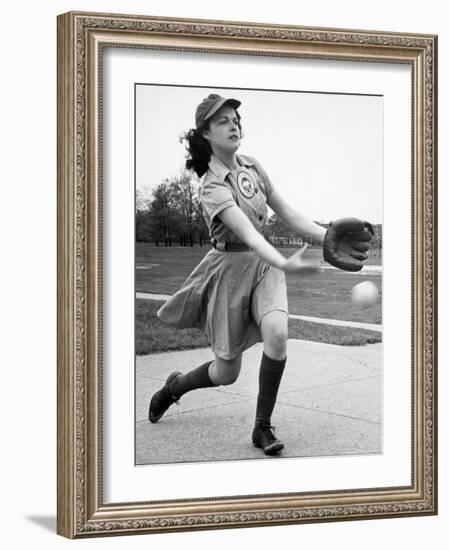 Pro Baseball Pitcher For Rockford Peaches, Caroline Morris, Demonstrating Her Underhanded Delivery-Wallace Kirkland-Framed Photographic Print