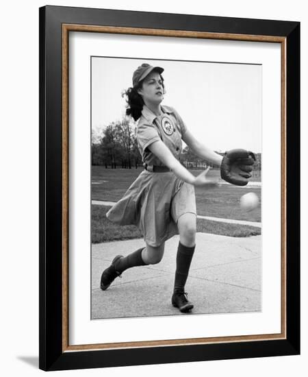 Pro Baseball Pitcher For Rockford Peaches, Caroline Morris, Demonstrating Her Underhanded Delivery-Wallace Kirkland-Framed Photographic Print