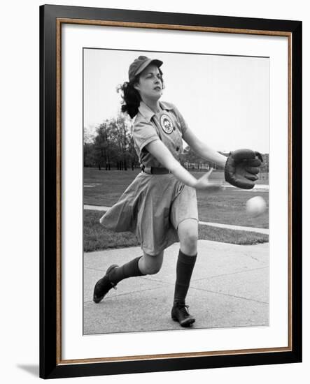 Pro Baseball Pitcher For Rockford Peaches, Caroline Morris, Demonstrating Her Underhanded Delivery-Wallace Kirkland-Framed Photographic Print