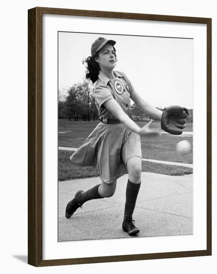 Pro Baseball Pitcher For Rockford Peaches, Caroline Morris, Demonstrating Her Underhanded Delivery-Wallace Kirkland-Framed Photographic Print