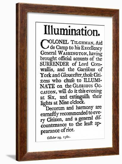 Proclamation of Illuminations Commemorating the Surrender of General Cornwallis, 1781-null-Framed Giclee Print