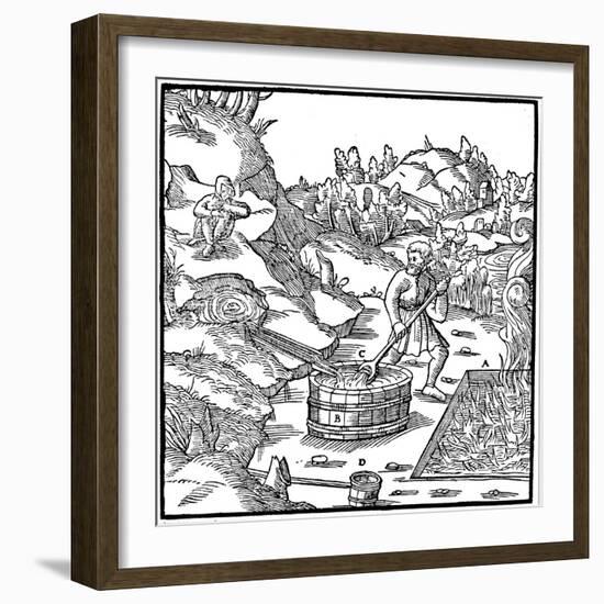 Producing Salt by Evaporating Natural Brine by Pouring it into a Pit of Burning Charcoal, 1556-null-Framed Giclee Print