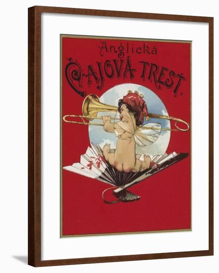 Product Label Depicting a Cherub Playing a Trombone-null-Framed Giclee Print