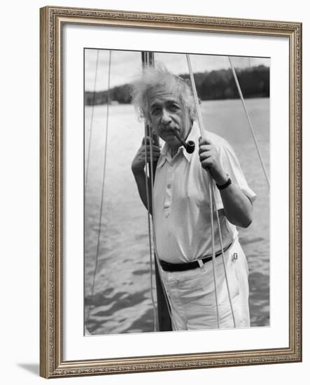 Prof. Albert Einstein on His Sailboat at Saranac Lake in the Adirondacks-null-Framed Premium Photographic Print