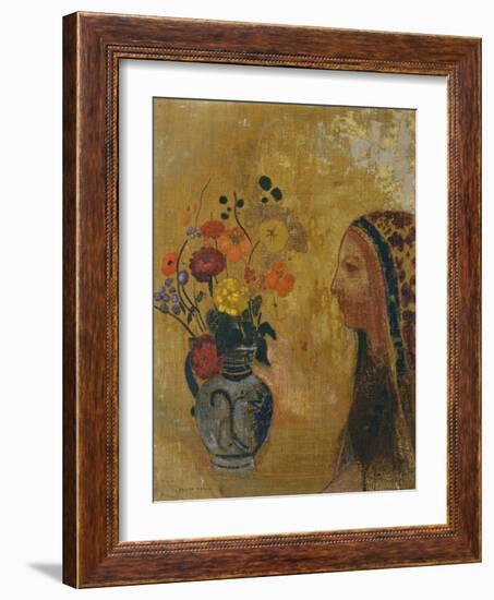 Profile of a Woman with a Vase of Flowers-Odilon Redon-Framed Giclee Print