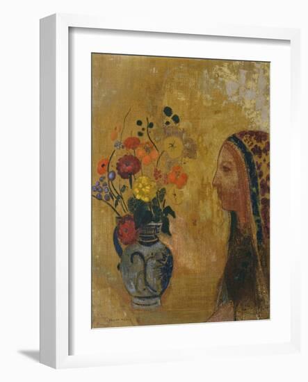 Profile of a Woman with a Vase of Flowers-Odilon Redon-Framed Giclee Print