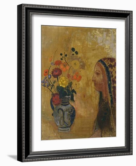 Profile of a Woman with a Vase of Flowers-Odilon Redon-Framed Giclee Print