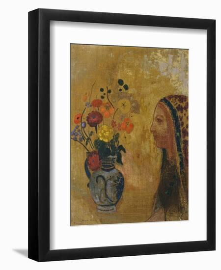 Profile of a Woman with a Vase of Flowers-Odilon Redon-Framed Giclee Print