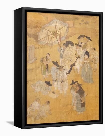 Promenade of a Notable, from Genre Scenes, 8 Panel Screen, Ink and Colour on Silk, Korea, Detail-Hong-Do Kim-Framed Premier Image Canvas