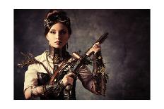 Portrait Of A Beautiful Steampunk Woman Holding A Gun Over Grunge Background-prometeus-Art Print