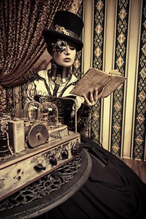 Portrait Of A Beautiful Steampunk Woman Over Vintage Background