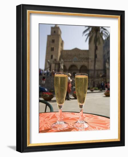 Prosecco Wine on Cafe Table, Cathedral Behind, Piazza Duomo, Cefalu, Sicily, Italy, Europe-Martin Child-Framed Photographic Print