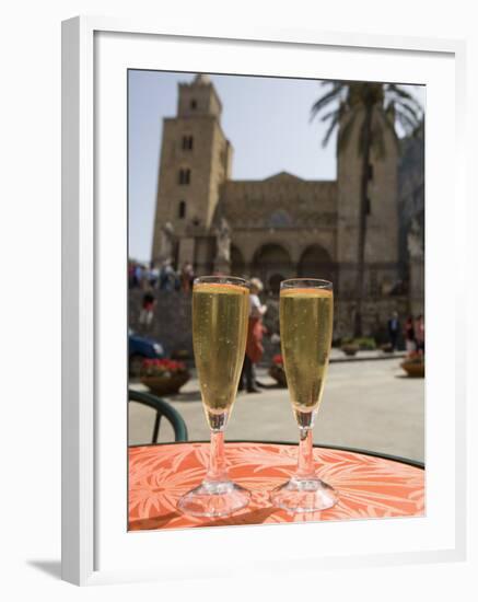 Prosecco Wine on Cafe Table, Cathedral Behind, Piazza Duomo, Cefalu, Sicily, Italy, Europe-Martin Child-Framed Photographic Print