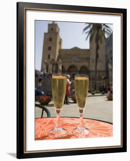 Prosecco Wine on Cafe Table, Cathedral Behind, Piazza Duomo, Cefalu, Sicily, Italy, Europe-Martin Child-Framed Photographic Print