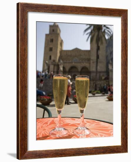 Prosecco Wine on Cafe Table, Cathedral Behind, Piazza Duomo, Cefalu, Sicily, Italy, Europe-Martin Child-Framed Photographic Print