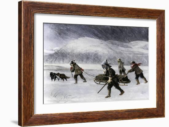 Prospectors' Dogsled in a Snowstorm to Get to the Klondike Goldfields, 1898-null-Framed Giclee Print