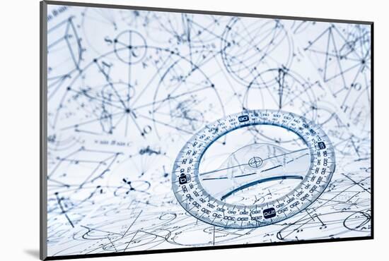 Protractor on the Background of Mathematical Formulas and Algorithms-Andrey Armyagov-Mounted Photographic Print