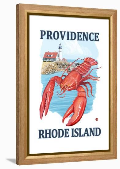 Providence, Rhode Island - Lobster and Lighthouse-Lantern Press-Framed Stretched Canvas