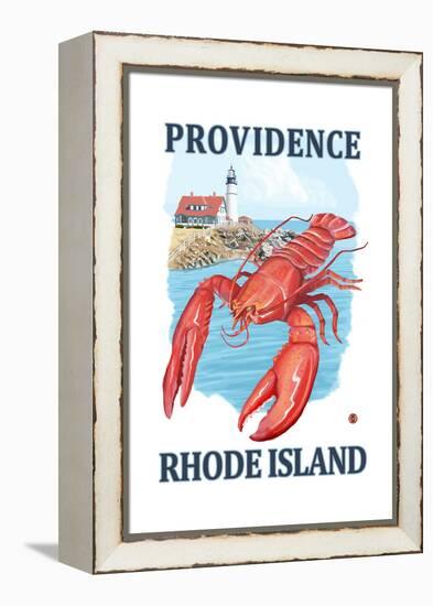 Providence, Rhode Island - Lobster and Lighthouse-Lantern Press-Framed Stretched Canvas