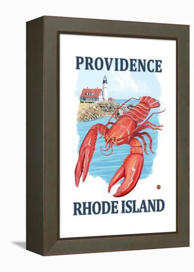 Providence, Rhode Island - Lobster and Lighthouse-Lantern Press-Framed Stretched Canvas