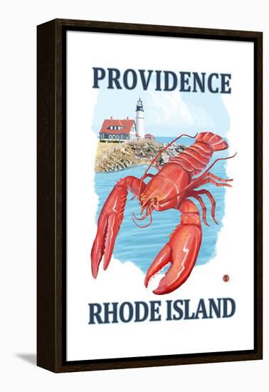 Providence, Rhode Island - Lobster and Lighthouse-Lantern Press-Framed Stretched Canvas